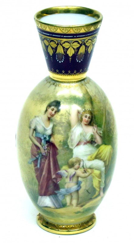 ROYAL VIENNA PORTRAIT VASE: Signed Wagner "Geschieht Dir Recht", H-7", VG-EX