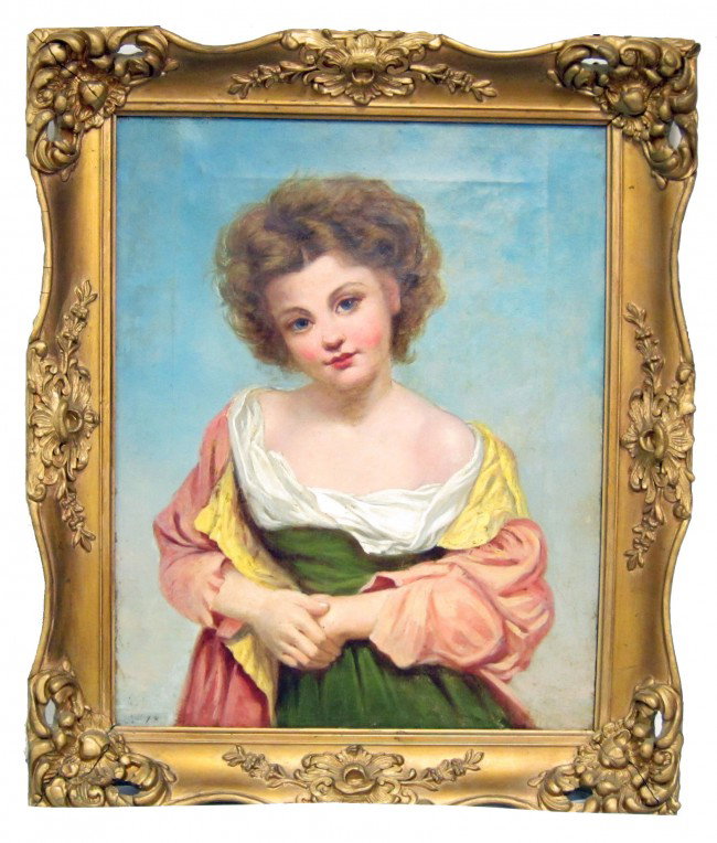 PAINTING OF YOUNG FRENCH GIRL: Oil on canvas, framed, 16" x 20", G