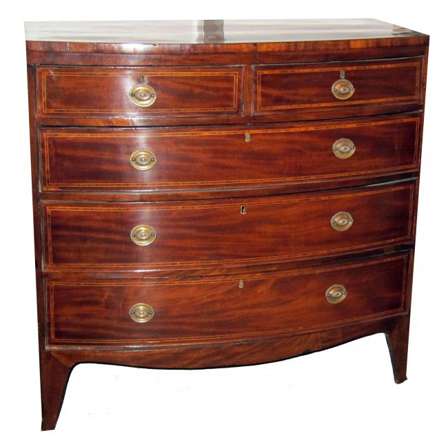 ENGLISH HEPPLEWHITE BOWFRONT CHEST: Mahogany with line and band inlay; French feet; H-41", W-40", VG