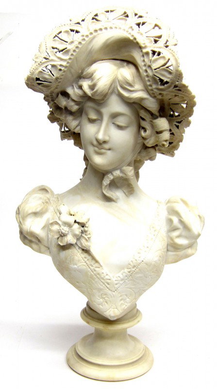 WOMAN ALABASTER BUST: Woman in fancy hat, damage to lace hat and base of pedestal, H-28", F