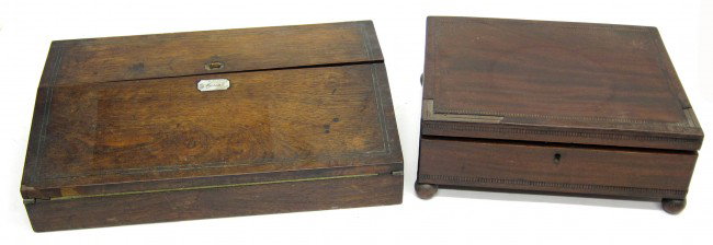 ROSEWOOD LAP DESK & MAHOGANY WORK BOX: Rosewood desk with fitted interior, missing escutcheon and some veneer; mahogany work box with papered interior, missing some veneer, L-11 1/2" - 16", F-G