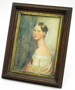 WATERCOLOR PORTRAIT OF WOMAN: 19th Century, image of young woman; Victorian frame with easel back; 6 1/2" x 5", VG