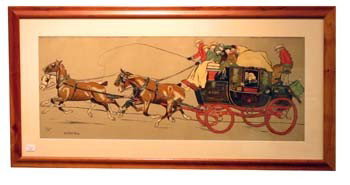 CECIL ALDIN "EATON COACH" LITHO: Color litho, matted and framed, 11" x 28", VG-EX