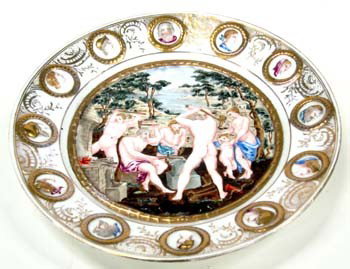 CAPODIMONTE PLATE: Relief, figures and busts, some wear; Dia.-8 1/2", G-VG