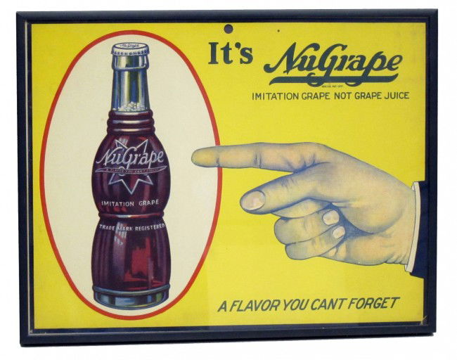 NU-GRAPE SODA ADVERTISING: Paper or cardboard litho; framed; slight lower right corner tear; slight fading; 10" x 14", G