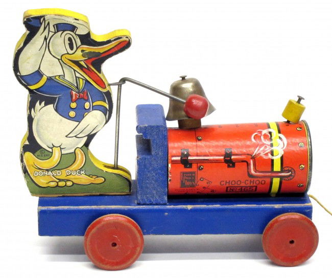 FISHER PRICE DONALD DUCK CHOO CHOO: Paper litho on wood #465; replaced smoke stack; L-7 1/2", G-VG