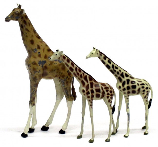 BRITAINS (3) GIRAFFES: Adult giraffe #912 and (2) young giraffes #961; painted metal; paint loss to all three, G-VG