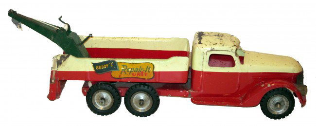 BUDDY-L REPAIR IT UNIT: Painted pressed steel; scratches and rust; missing spare wheel; (6) wheel nuts replaced; L-25 1/2", F