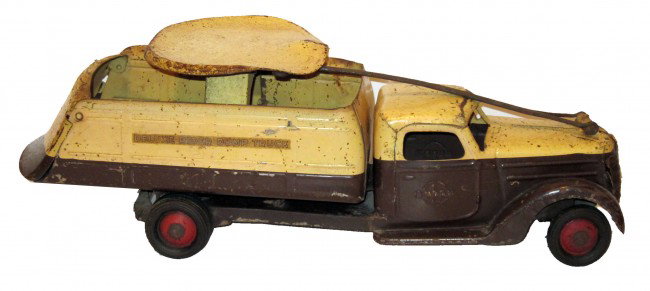 BUDDY-L DELUX RIDER DUMP TRUCK: Painted pressed steel; chips and paint loss; L-23", G-G+