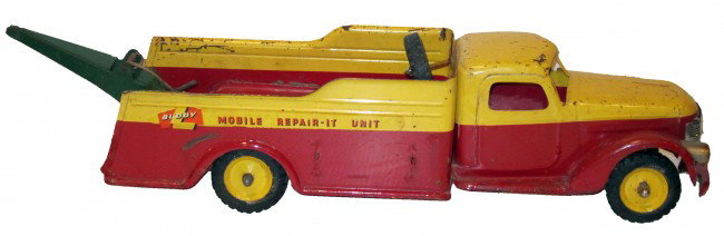 BUDDY-L MOBILE REPAIR UNIT: Painted pressed steel; scratches; large loss in bed; replaced wheel nuts; replaced grill and headlight; L-24", F-G