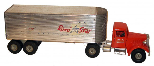 SMITH MILLER M.I.C. TRACTOR TRAILER: "Road Star", painted metal; cab restored; missing (1) drop wheel; L-28", G-VG