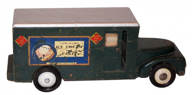 BUDDY-L R.E.A. DELIVERY TRUCK: Painted wood, wheel replacements, missing back door, scratches; L-16 1/2", F-G