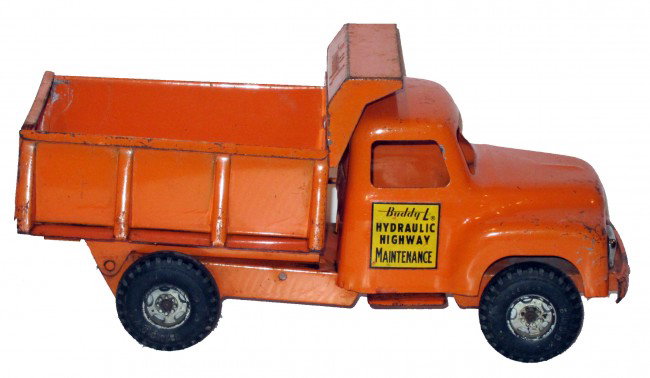 BUDDY-L HIGHWAY MAINTENANCE DUMP TRUCK: Hydraulic; painted pressed steel; normal wear; L-21", G-VG