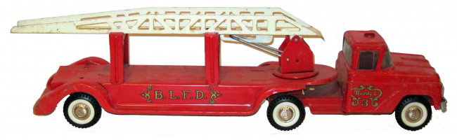 BUDDY-L LADDER TRUCK: Painted pressed steel; missing roof beacon; normal wear; L-25", G-G+