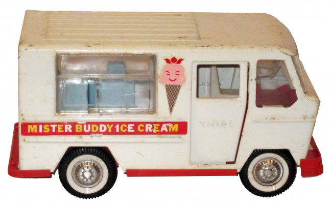 BUDDY-L MISTER BUDDY ICE CREAM TRUCK: Painted pressed steel and plastic; normal wear; L-11 1/2", G-VG
