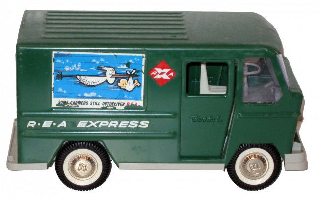 BUDDY-L R.E.A. EXPRESS VAN: Painted pressed steel; plastic undercarriage; minor scratches on roof; missing partial decal; L-11 1/2", G-VG