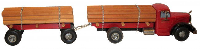 SMITH-MILLER LOGGING TRUCK TANDEM: Painted pressed steel; restoration; small scratch on bottom of trailer; L-32", G-G+