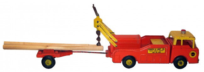 NY-LINT POWER & LIGHT CO. POST HOLE DIGGER: Painted pressed steel; scratches mostly on roof; windshield broken; missing roof light; L-18 1/2", F-G