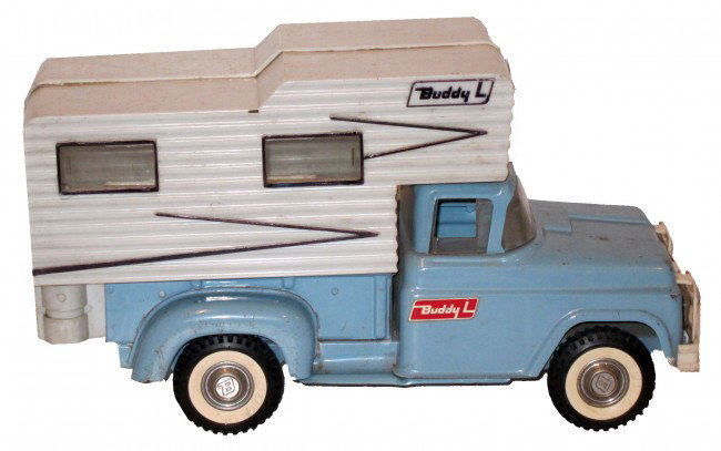 BUDDY-L CAMPER TRUCK: Painted pressed steel with plastic camper and bumper; missing back door; minor scratches and rust; L-13 1/2", F-G
