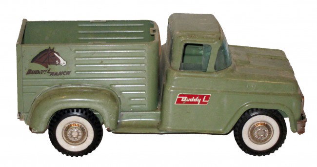 BUDDY-L RANCH PICK-UP TRUCK: Painted pressed steel; scratches mostly on roof; missing cover; L-12 1/2", G
