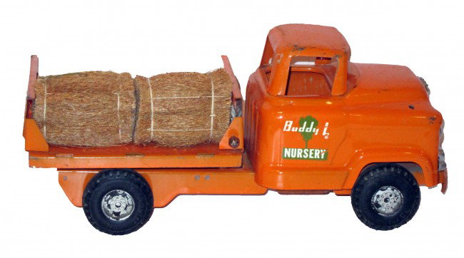 BUDDY-L G.M.C. NURSERY TRUCK: Painted pressed steel; missing mirrors; scratches on roof; missing bed gates; L-13 1/2", G