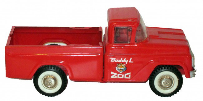 BUDDY-L ZOO TRUCK: Painted pressed steel; small dent on door; scratches; missing cages and animals; windshield broken; L-13 1/2", G-G+