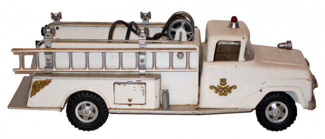 TONKA NO. 5 FIRETRUCK: Painted pressed steel; missing (1) hose, minor scratches and some rust; L-17 1/2", G