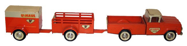 NYLINT U-HAUL PICK-UP, OPEN TRAILER, BOX TRAILER: Painted pressed steel; windshield cracked; scratches and rust; L-32", G-VG