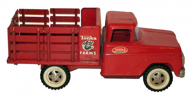 TONKA FARMS TRUCK: Painted pressed steel; scratches and minor rust, L-14 1/2", G-VG