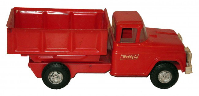 BUDDY-L DUMP TRUCK: Painted pressed steel; plastic front grill; very minor scratches; L-14 1/2", VG-EX