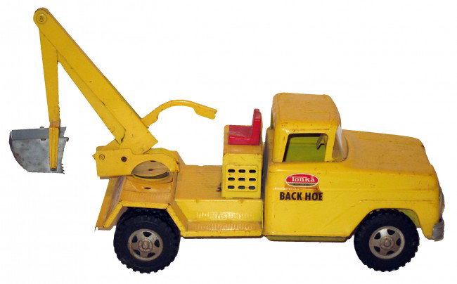 TONKA BACK HOE TRUCK: Painted pressed steel with plastic parts; scratches; L-17", G-VG