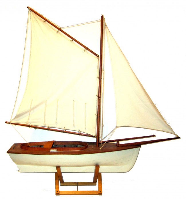POND SAILBOAT OR MODEL: Wood with cloth sails, H-37", L-35", G-VG
