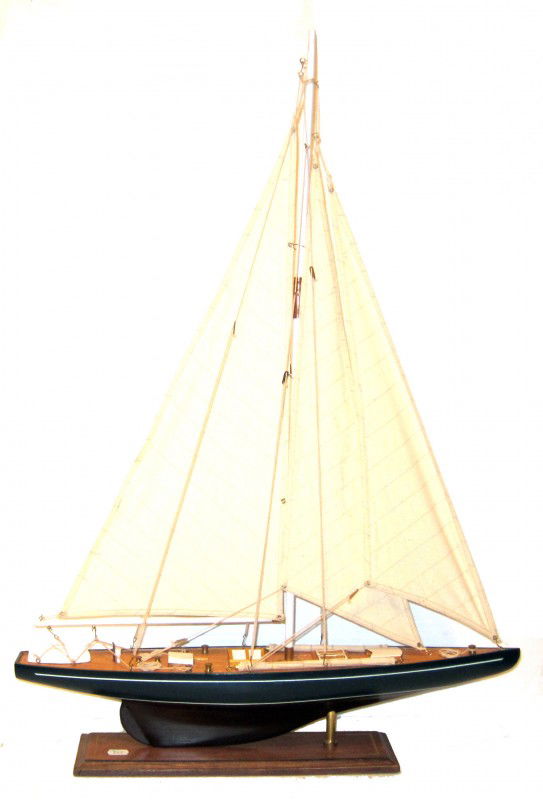 SAILBOAT MODEL - CONTEMPORARY: Painted wood with cloth sails; H-36", L-24", VG-EX