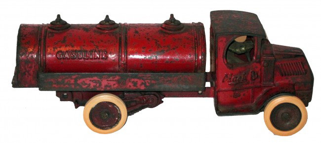 ARCADE MACK GASOLINE TRUCK: Painted cast iron; chips, rust and paint loss; replaced rubber tires, L-13", F