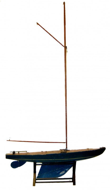 POND SAIL BOAT: Home made, wood with metal keel; missing sails; H-64", L-35", G