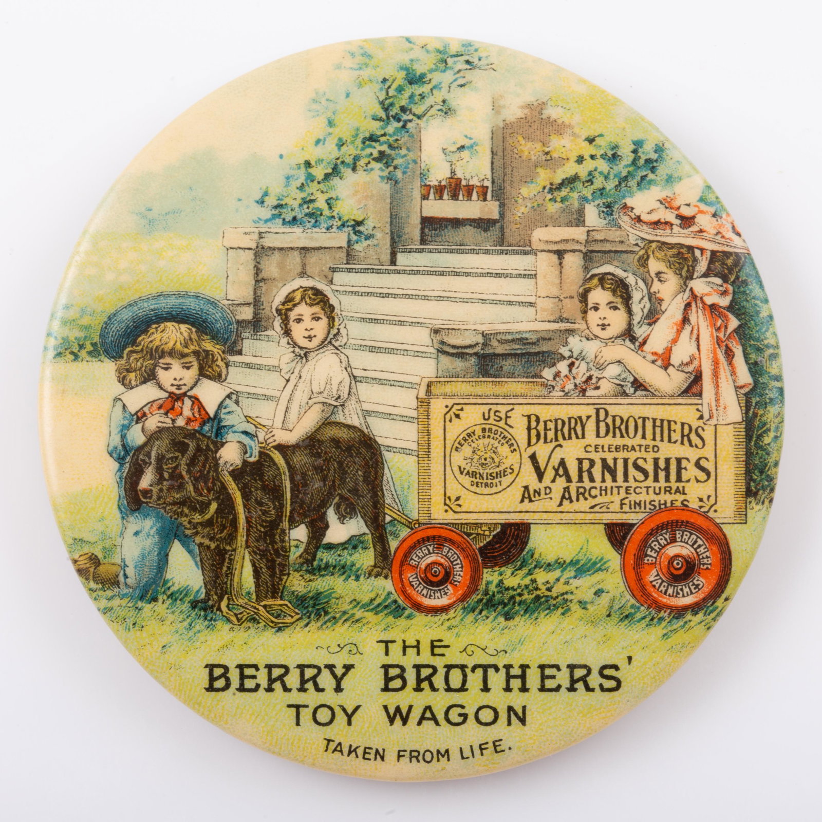 BERRY BROTHERS POCKET MIRROR: Round; "Berry Brothers Celebrated Varnishes and Architectural Finishes" "The Berry Brothers Toy Wagon", mirror has minor spots; normal wear; minor scratches; Dia.-2", G-VG