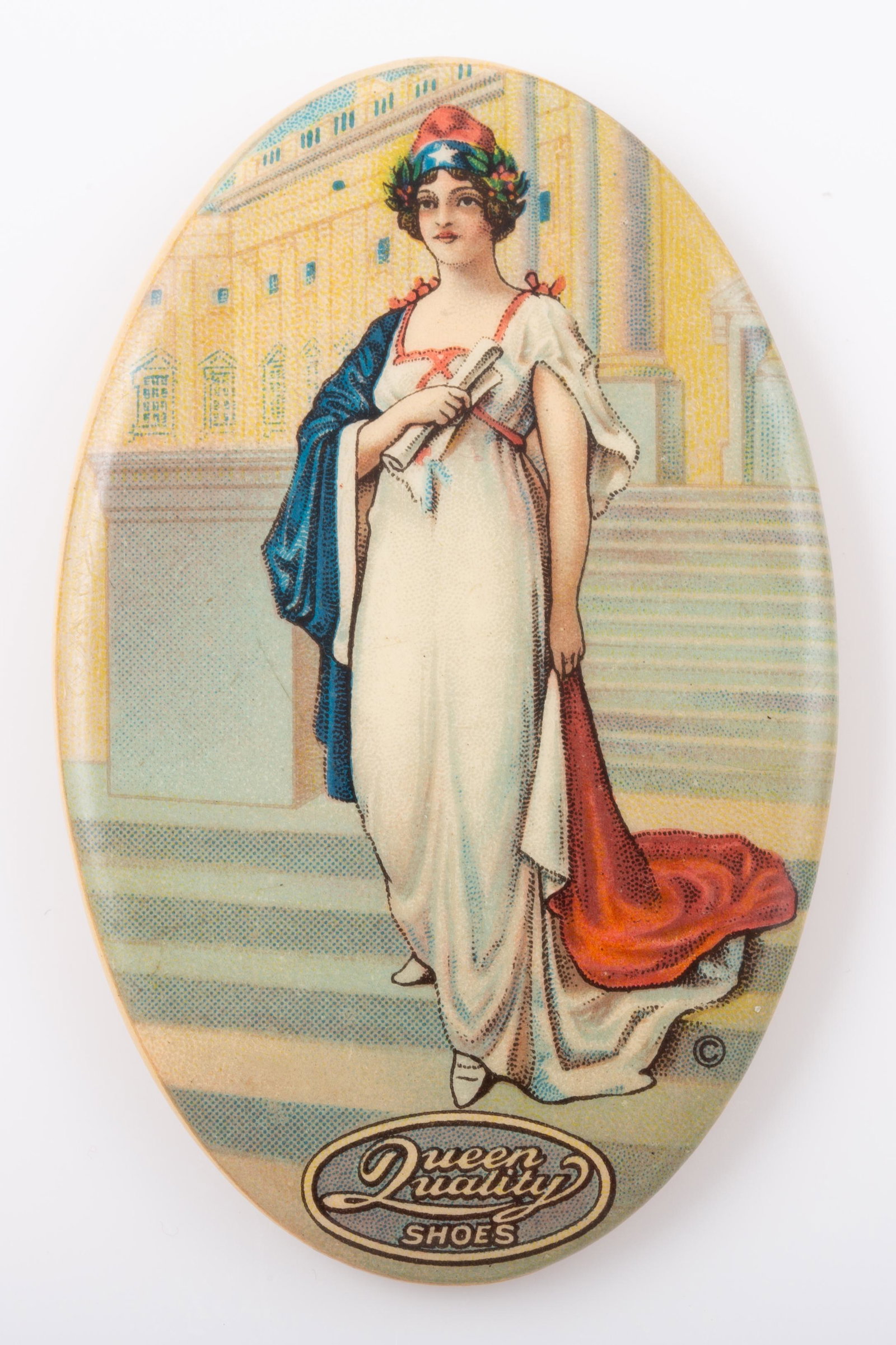 SHOE RELATED POCKET MIRROR: Oval; "Queen Quality Shoes", mirror fatigue around edges; H-2 3/4", VG-EX