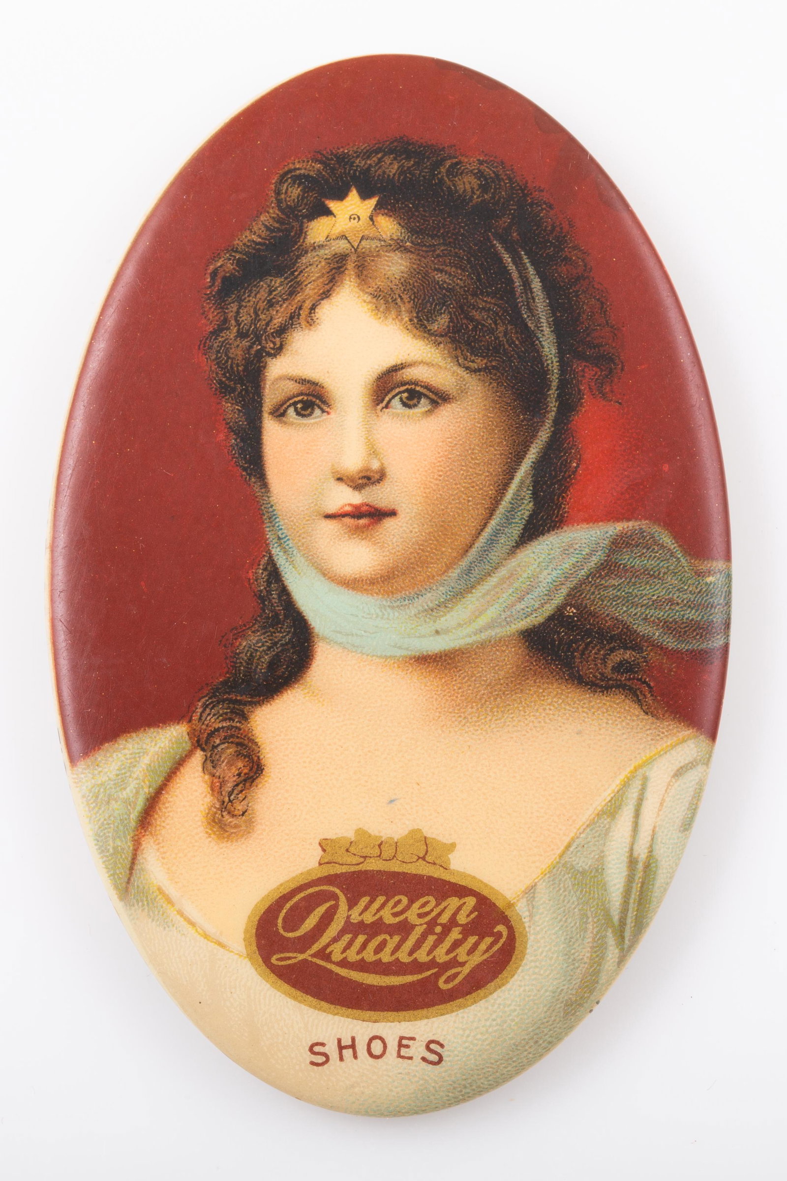 SHOE RELATED POCKET MIRROR: Oval; "Queen Quality", "duplicate purchase 5 cents" on edge; "Beskins Dept Store"; some mirror fatigue and lines; H-2 3/4", VG-EX