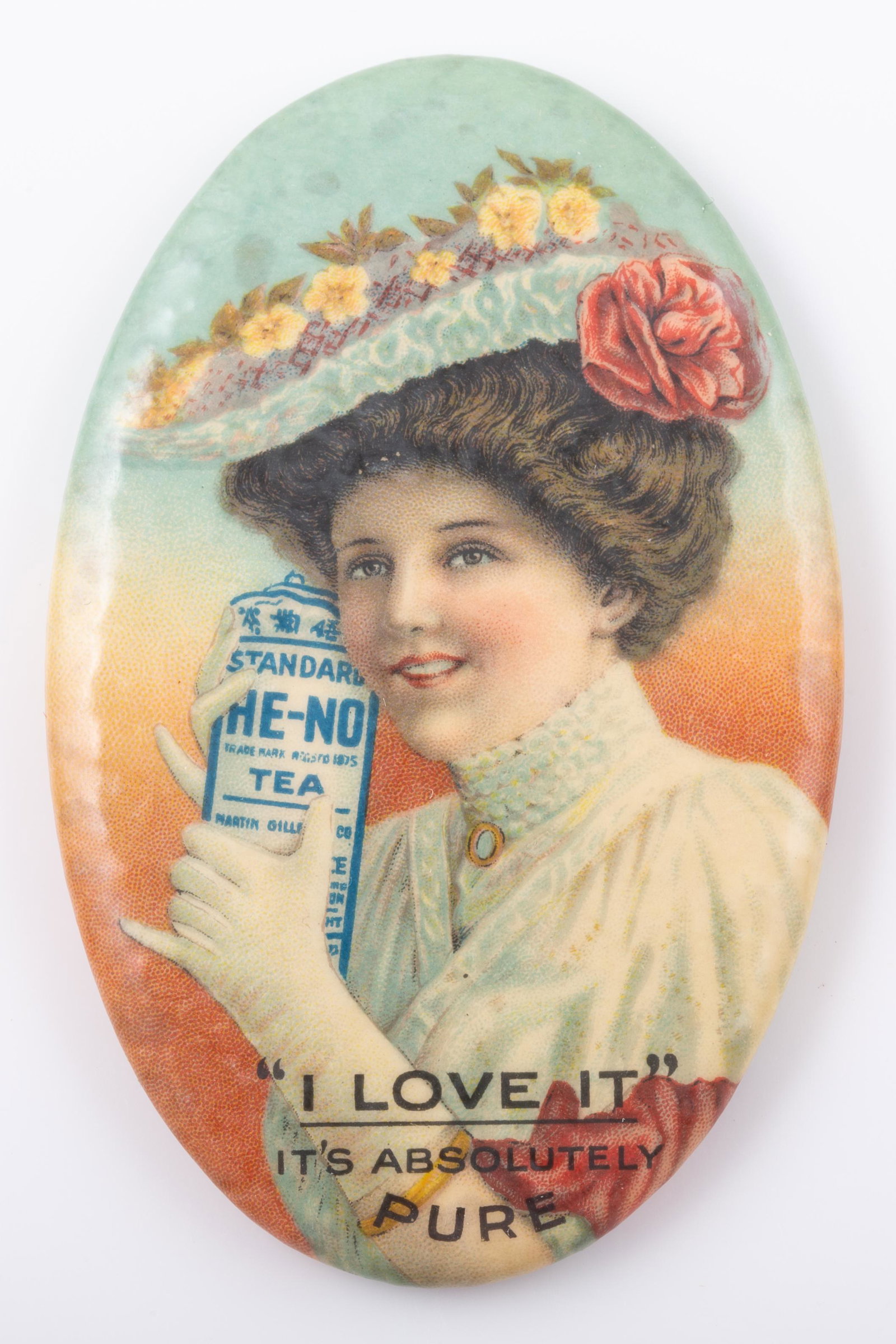 TEA RELATED POCKET MIRROR: Oval; "He-No Tea" "I love it", "It's Absolutely Pure"; "duplicate purchase 5 cents" on edge; mirror has miniscule spots; minor spots on front edges; H-2 3/4", G-G+