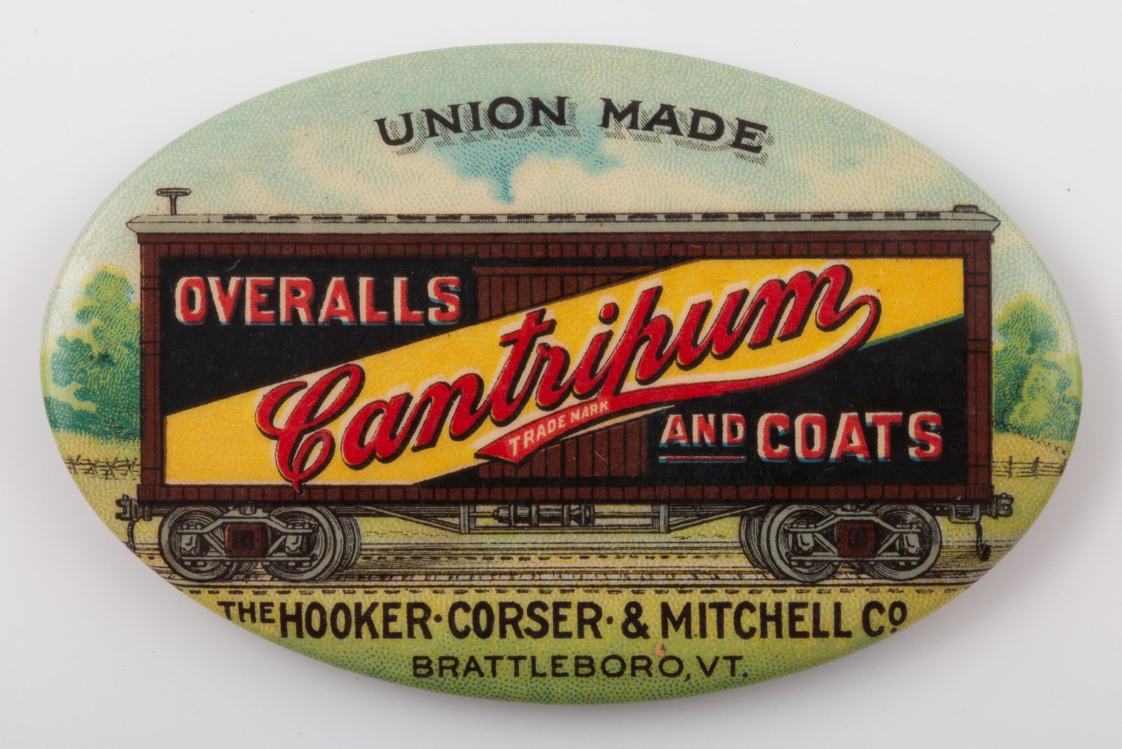 CLOTHING / TRAIN RELATED POCKET MIRROR: Oval; train box car image; "Cantripum - Overalls and Coats", "Union Made", "the Hooker - Corser & Mitchell Co. - VT", mirror good; normal wear; L-2 3/4", VG