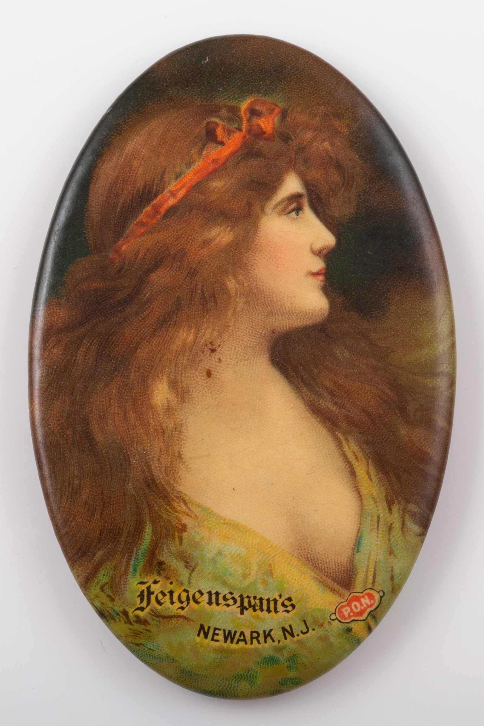 BREWERY RELATED POCKET MIRROR: Oval; "Feigenspan's P.O.N. - Newark NJ", mirror has minor spots; minor scratches; H-2 3/4", G-VG