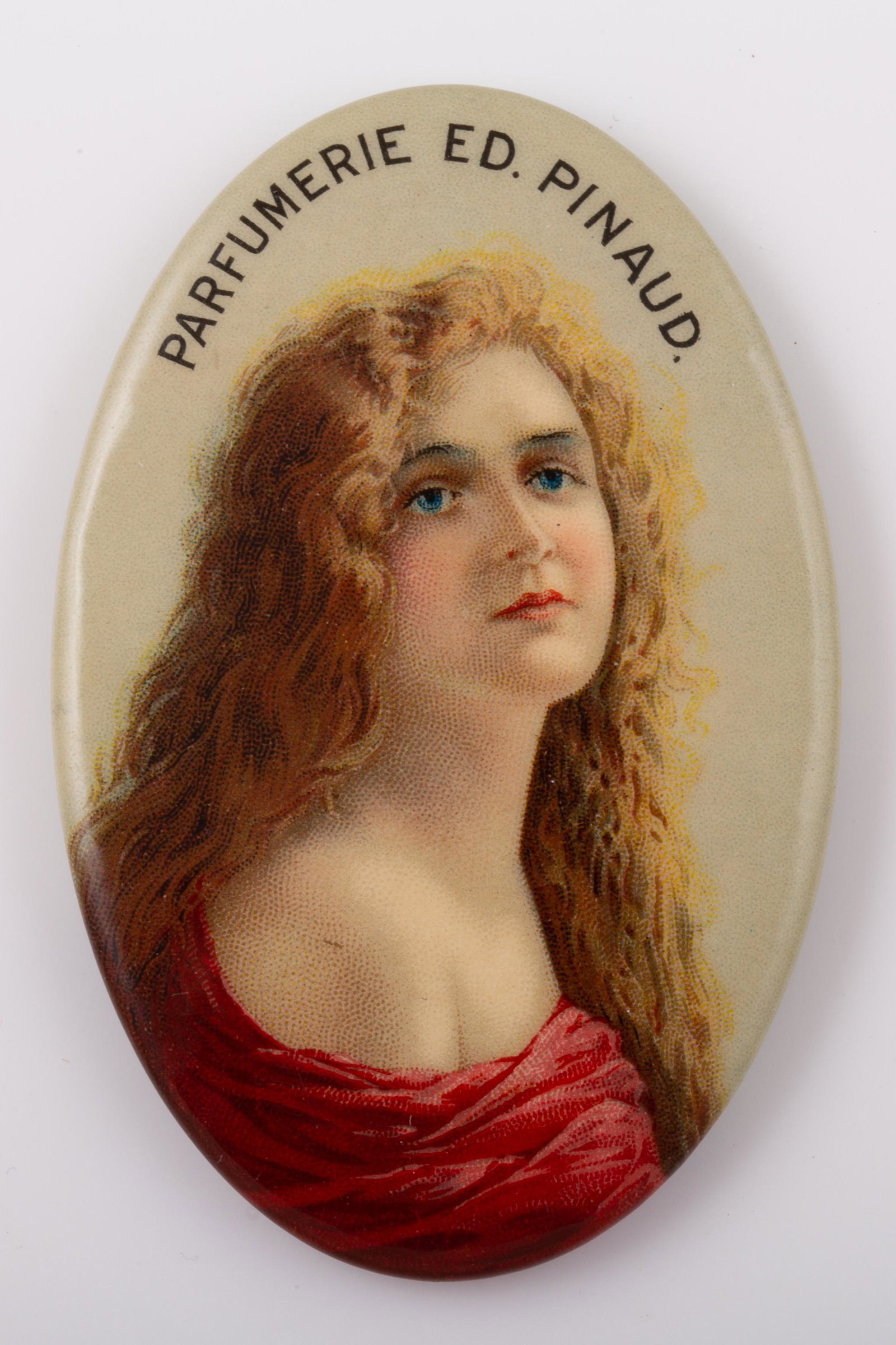 PERFUME RELATED POCKET MIRROR: Oval; "Parfumerie Ed. Pinaud", mirror has minor darkness; normal wear; H-2 1/4", VG-EX