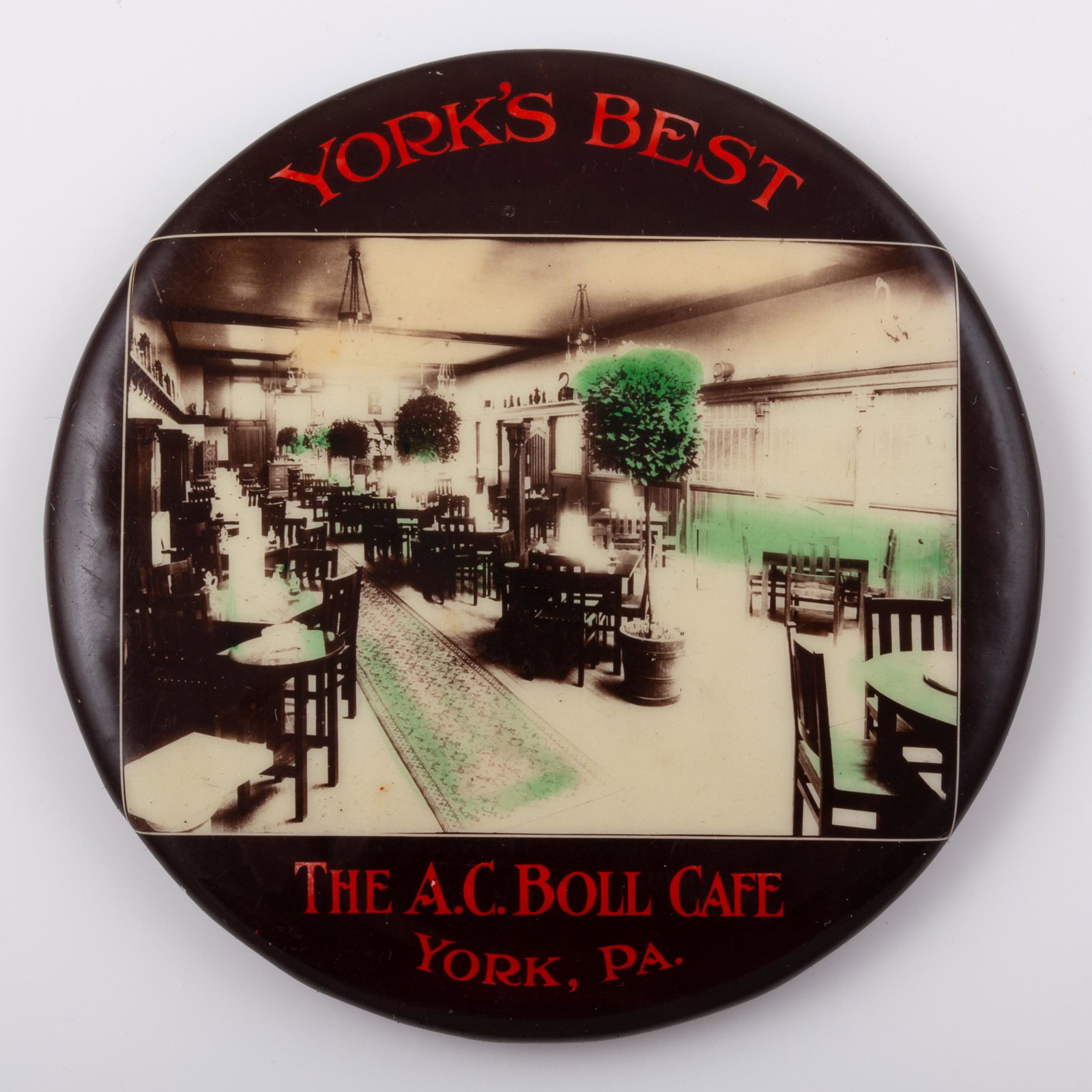 FOOD SERVICE POCKET MIRROR: Round; "York's Best - A. C. Boll Café", "York PA", mirror good; normal wear; Dia.-2", VG-EX