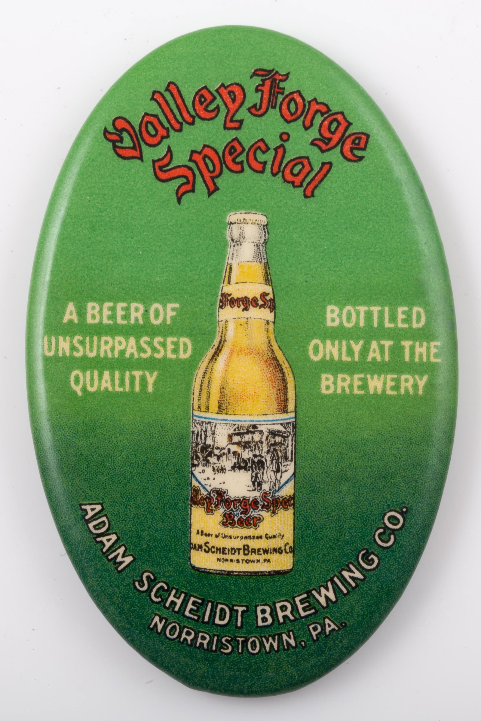BEER RELATED POCKET MIRROR: Oval; "Valley Forge Special", "Adam Scheitd Brewing Co.", "Norristown PA", mirror has three lines and small spots; H-2 3/4", VG-EX