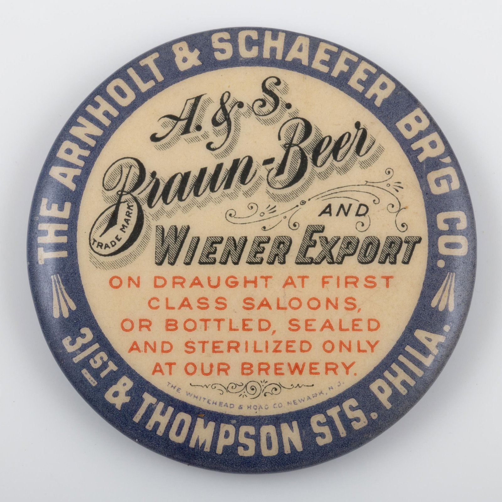 BEER / WIENER POCKET MIRROR: Round; "The Arnholt & Schaefer Brg Co."; "A & S Braun - Beer and Wiener Export"; "…on Draught at First Class Saloons, or Bottled Sealed & Sterilized Only at Our Brewery"; Phila; mirror has small spe