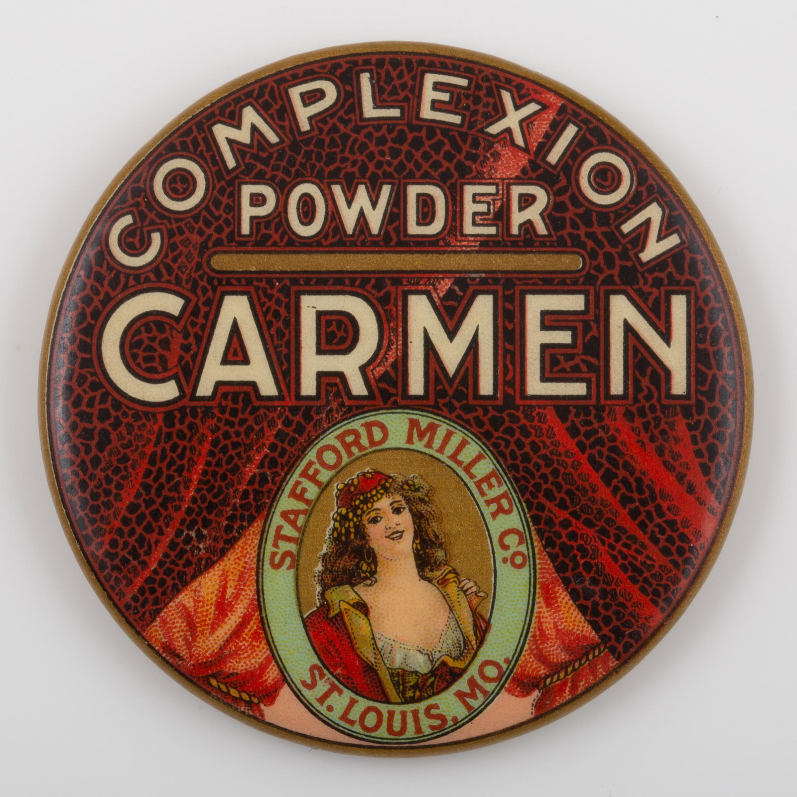 CARMEN COMPLEXION POWDER POCKET MIRROR: Round; Stafford Miller Co. St. Louis; mirror spots; normal wear; Dia.-1 5/8", VG