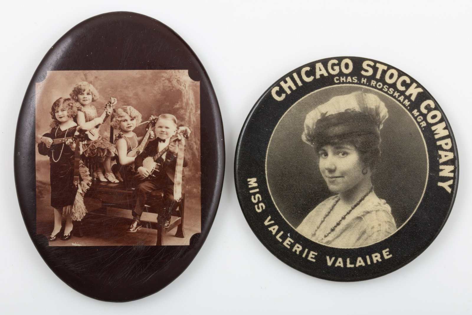VAUDEVILLE RELATED POCKET MIRROR (2): Photo images; (1) "Chicago Stock Company", "Miss Valerie Valaire", mirror dark at rim; round, Dia.-2"; (1) Quartet of children, mirror good, oval, H-2 5/8", minor scratches; G-VG
