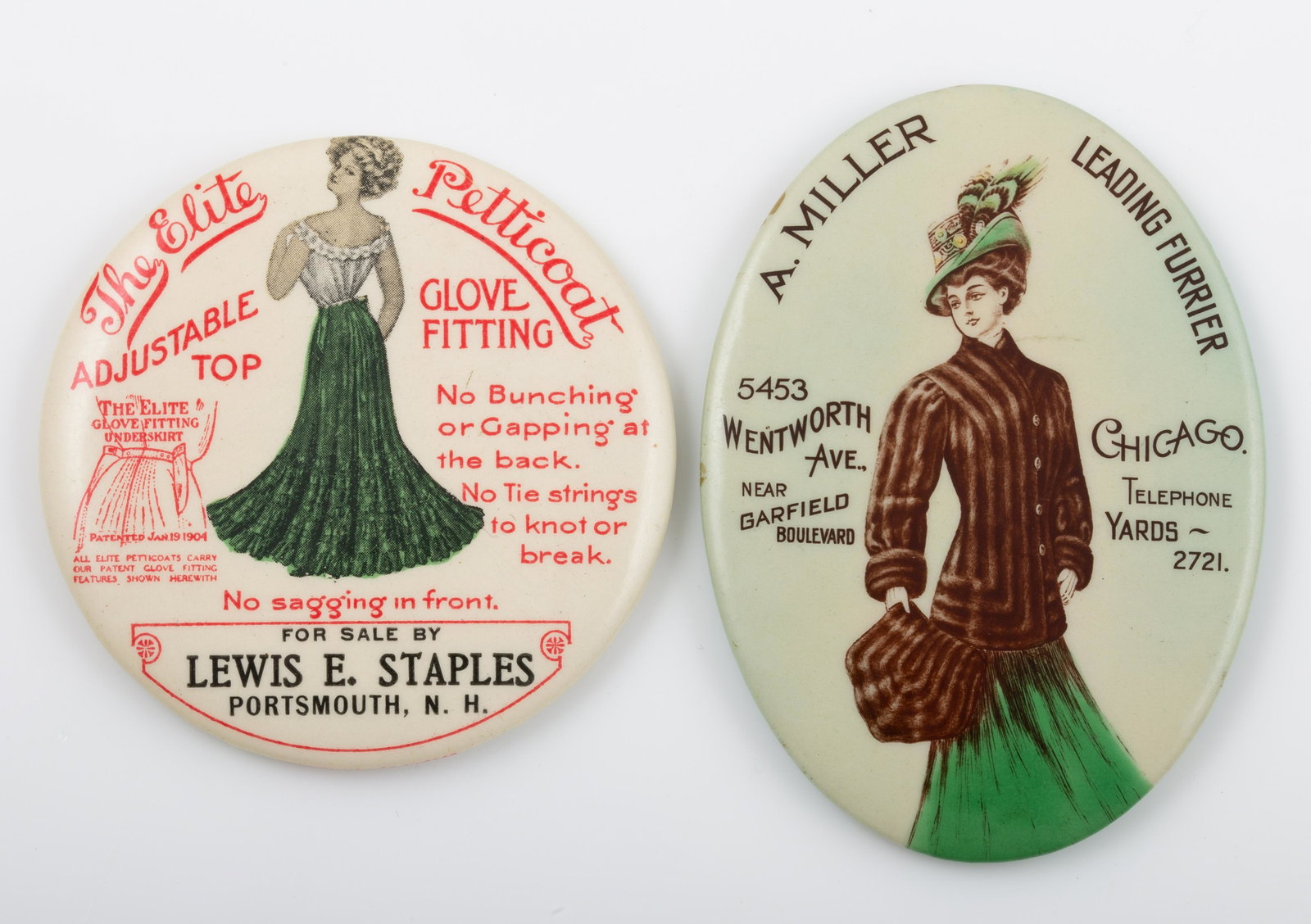 CLOTHING RELATED POCKET MIRRORS (2): (1) "A. Miller - Leading Furrier", oval; Chicago; mirror has four fatigue lines; H-2 5/8"; (1) "The Elite Petticoat", "Adjustable Top Glove Fitting"; "For Sale Lewis Stapes NH"; mirror has three fatig