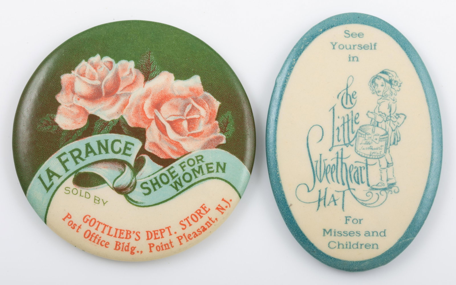 SHOE & HAT RELATED POCKET MIRRORS (2): (1) "La France Shoe for Women", "Sold by Gottliebs Dept Store"; "Point Pleasant NJ"; round; mirror (2) fatigue lines; H-2 1/8"; (1) The Little Sweetheart Hat; "See Yourself In"; "For Misses and Childr