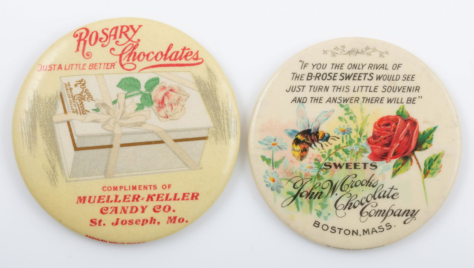 CHOCOLATE RELATED POCKET MIRRORS (2): Round; (1) "John W. Crooks Chocolate Company", "If You The Only Rival of the B-Rose Sweets Would See Just Turn This Little Souvenir and the Answer There Will Be"; Boston Mass; mirror minor specks; Dia